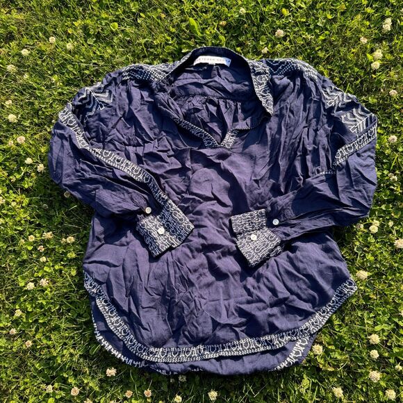 Gretchen Scott Embroidered Notched Navy Peasant Top - Picture 1 of 4